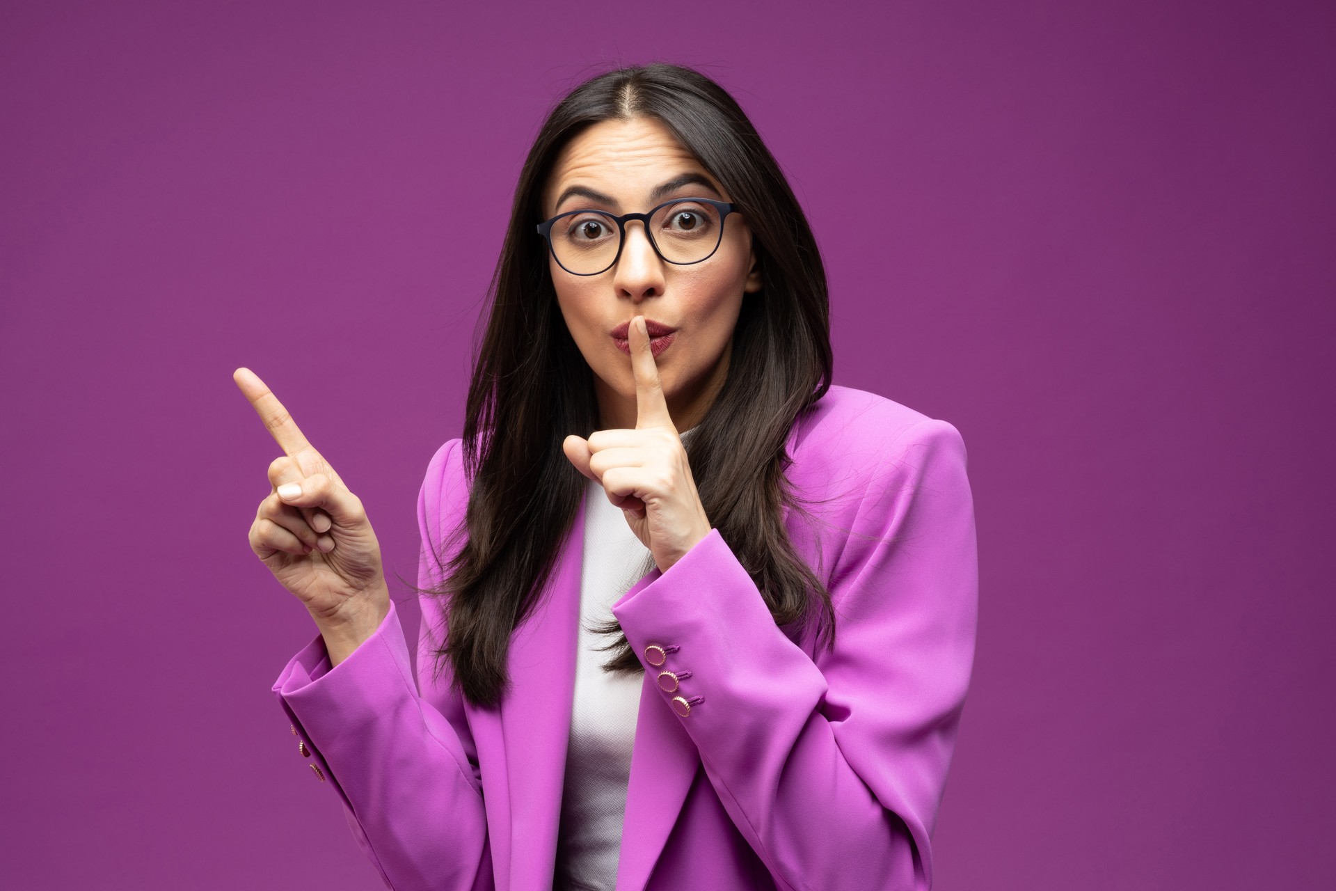 Portrait of her she nice well-dressed attractive lovely luxury pretty cheerful girl isolated purple background stock photo