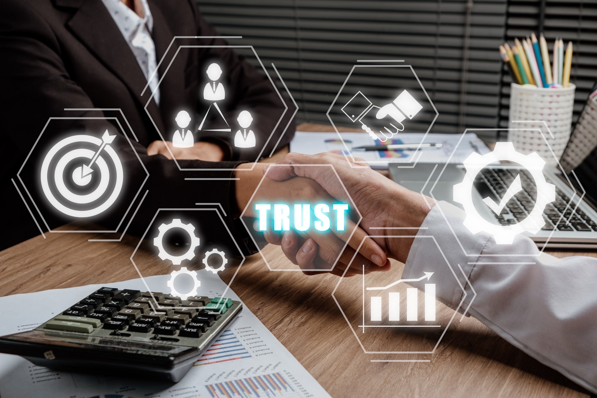 Trust customer relations reliability business concept, Business team discussing data on office desk with VR trust icon on screen.