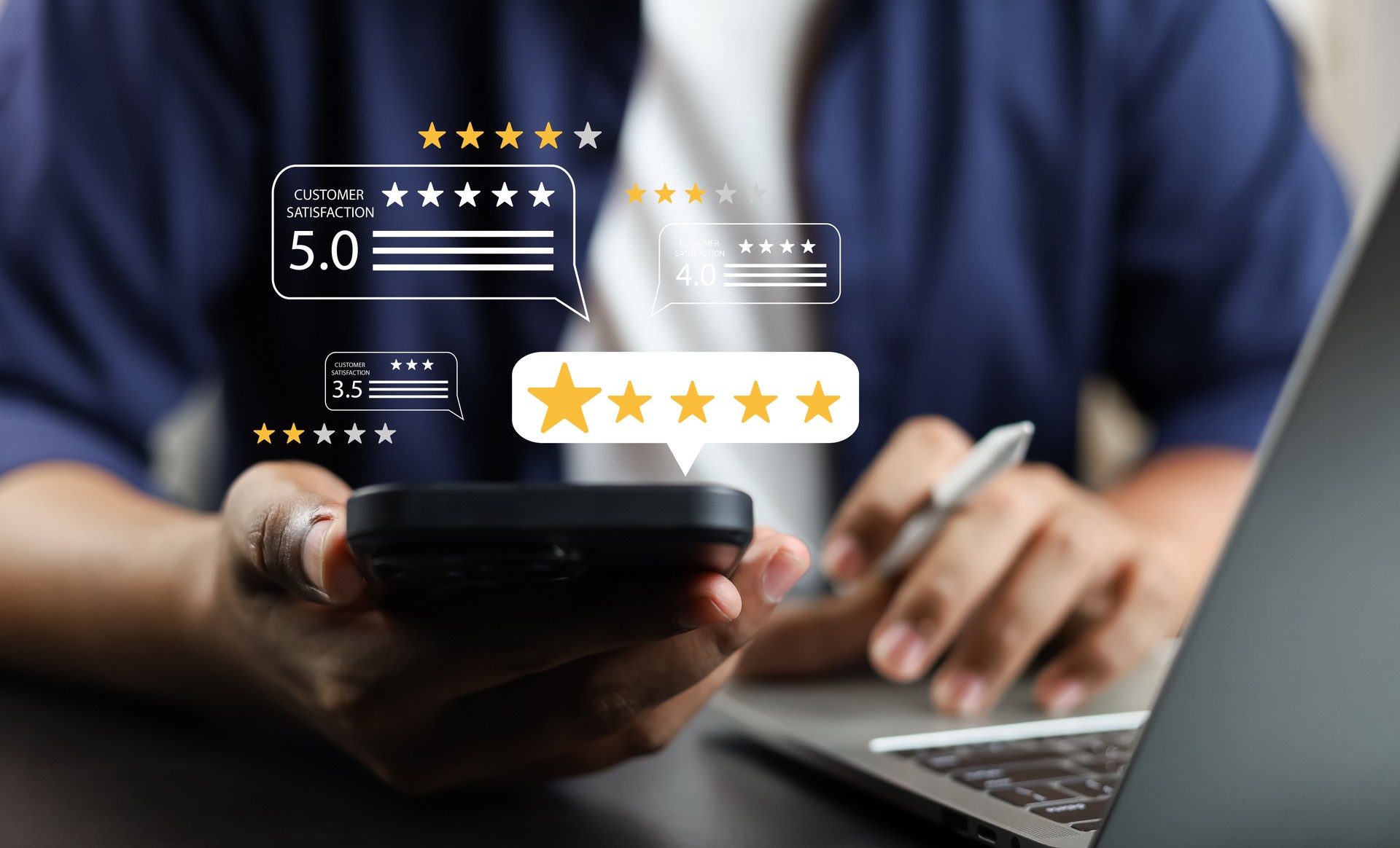 Online customer satisfaction Survey service concept, client rate service from experience in application,Consumer give five-Stars and feedback review for quality, Business reputation ranking from buyer